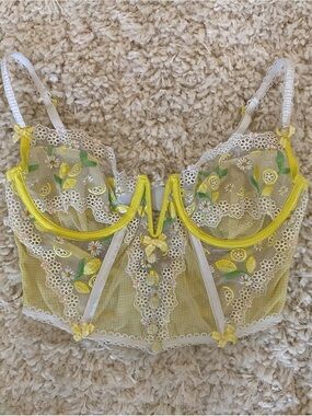 For Love And Lemons Yellow Lemon Embroidered Floral Bustier